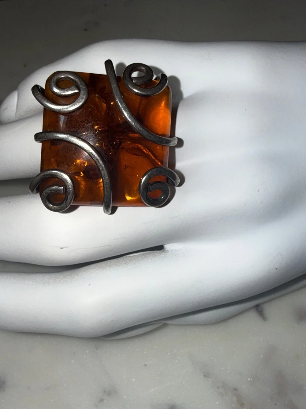Amber Sterling Scroll-Accent  StatementRing - Brown