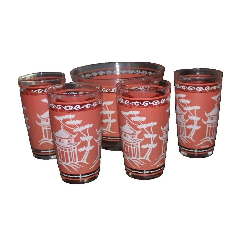 Vintage Hazel Atlas Coral Pink Pagoda Glass Ice Bucket Bowl 5