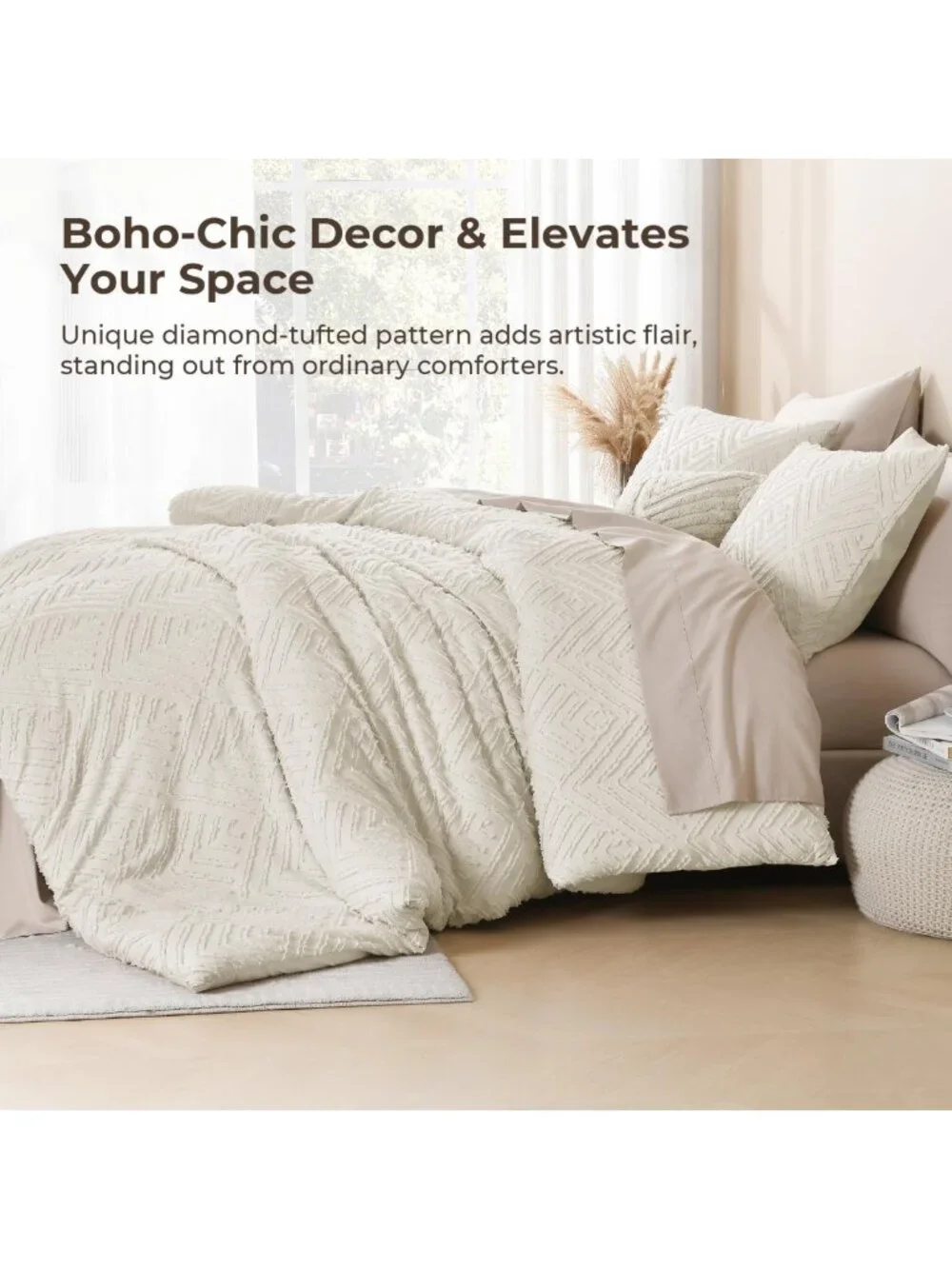 Beige Queen Comforter Set - 3 Piece Cream Tufted Boho Farmhouse Bedding