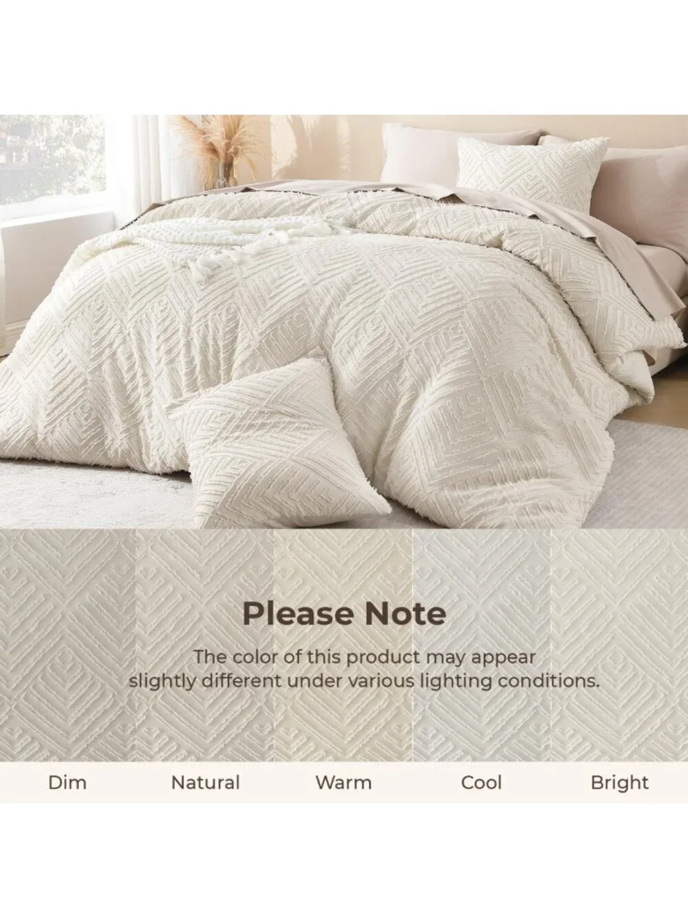 Beige Queen Comforter Set - 3 Piece Cream Tufted Boho Farmhouse Bedding