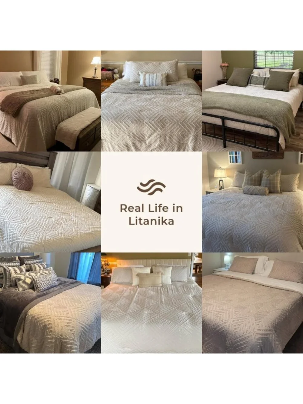 Beige Queen Comforter Set - 3 Piece Cream Tufted Boho Farmhouse Bedding