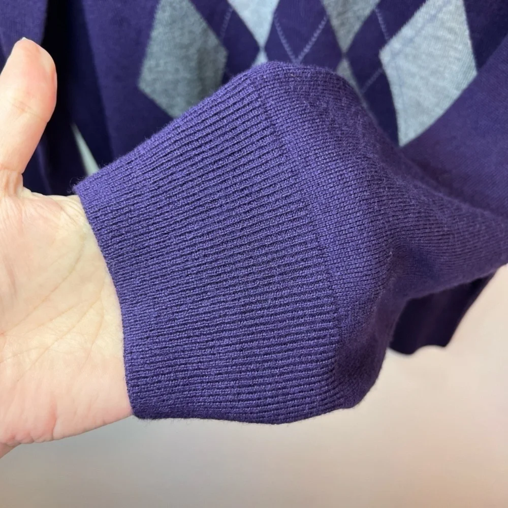 Banana Republic Merino Wool Argyle Sweater Purple V-Neck Preppy Office  Sz Large