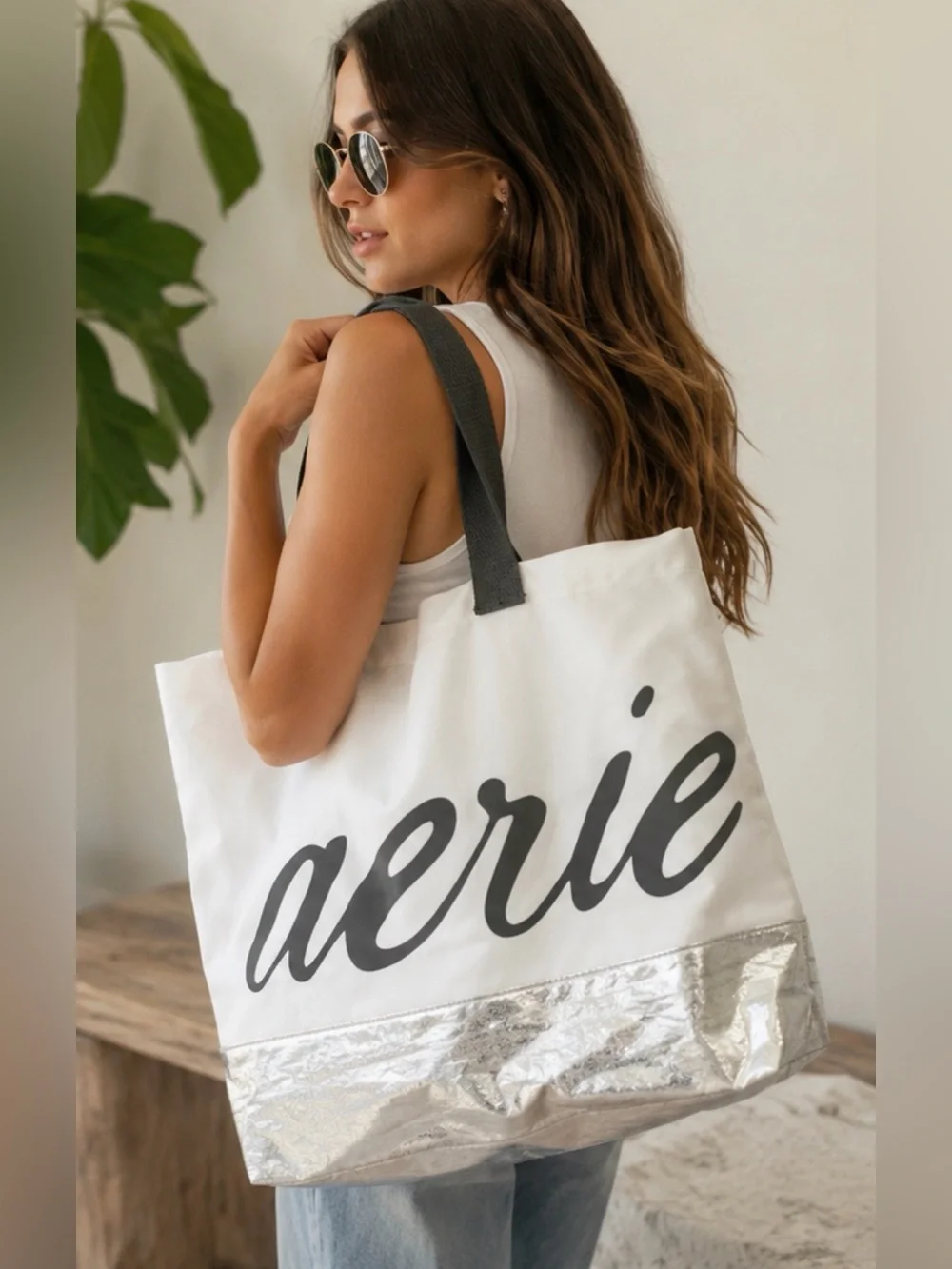 NWT Aerie Oversized Logo Tote Bag – White & Metallic Silver