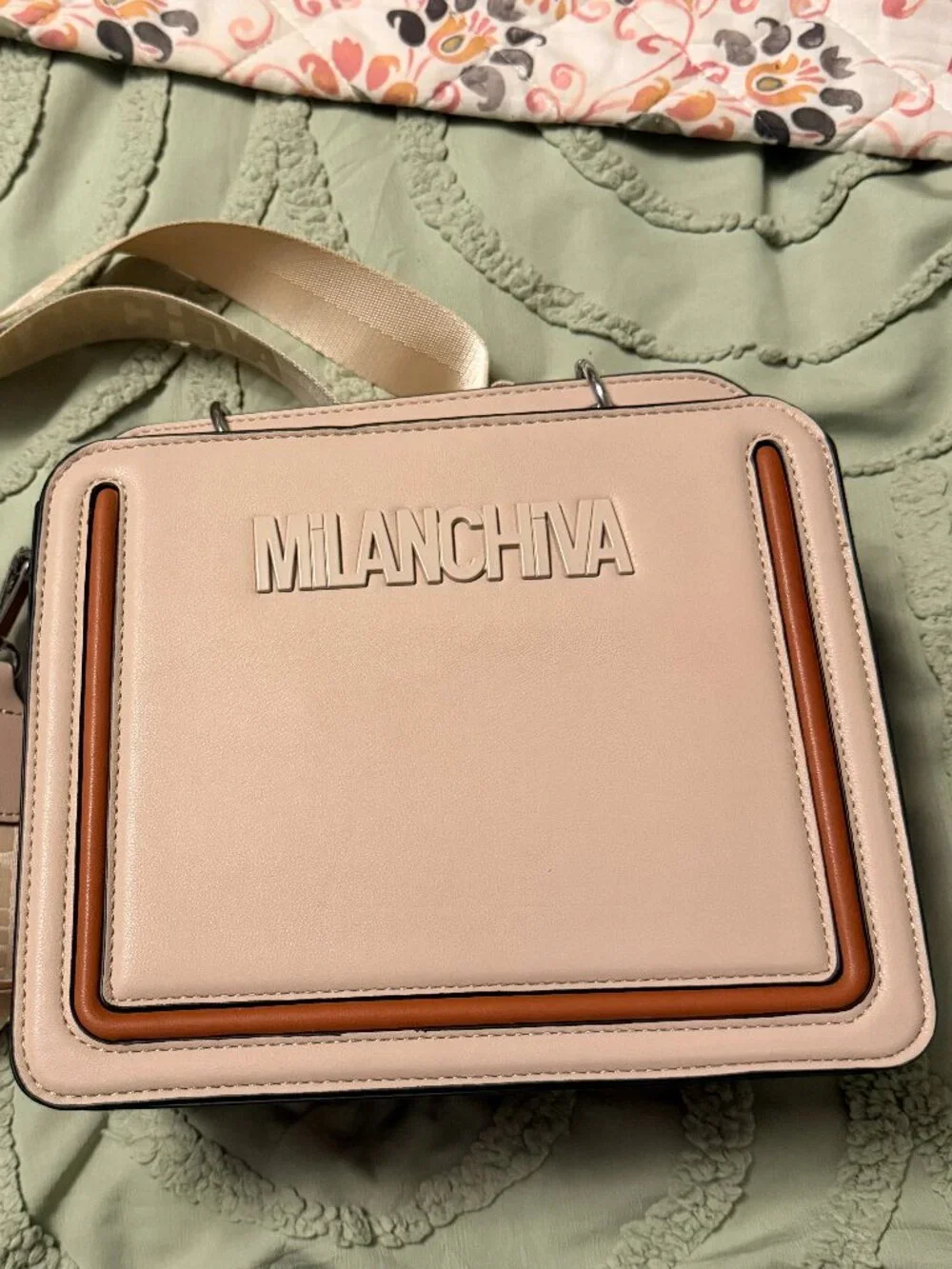 Milanchiva Women's Box Crossbody Camera Bag — Beige with Brown Trim