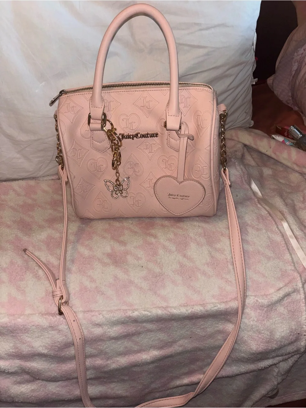 Juicy Couture Blush Pink Embossed Heart Charm Tote with Gold Hardware