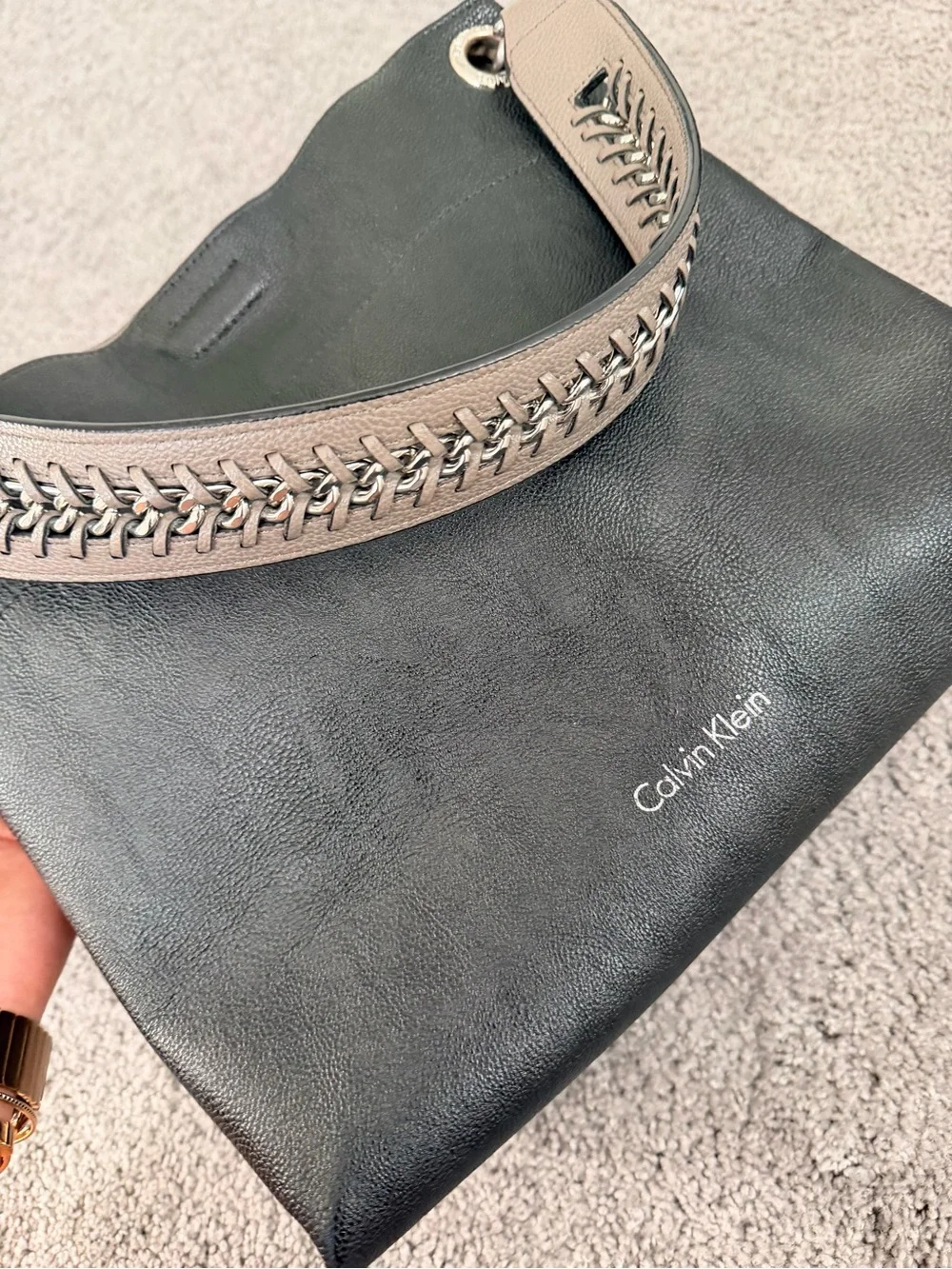 Calvin Klein Gray Leather Tote with Taupe Interior
