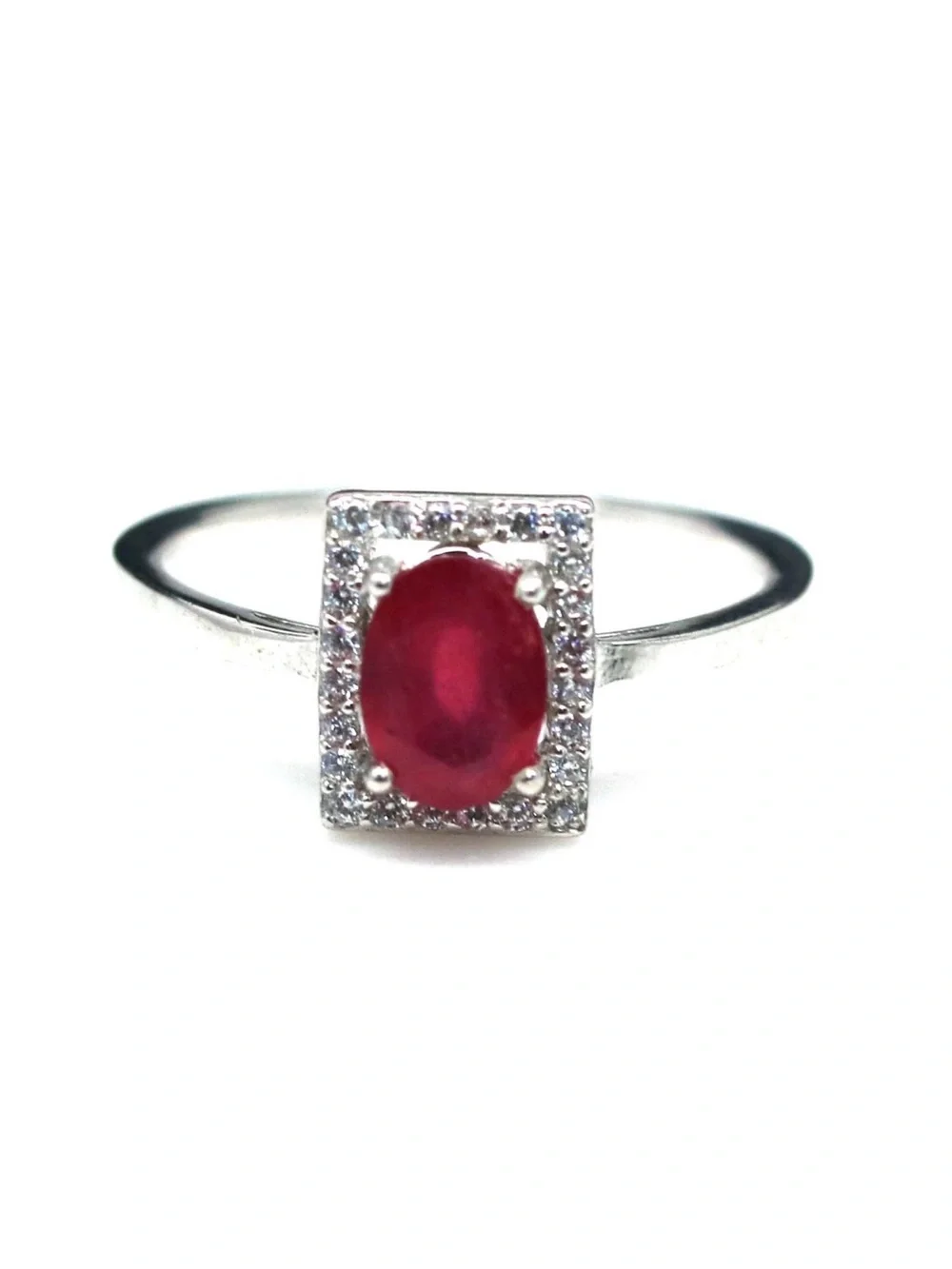 Stunning Natural Red Ruby .90CT w/ Rectangle Halo 925 Sterling Silver Sz 6.75
