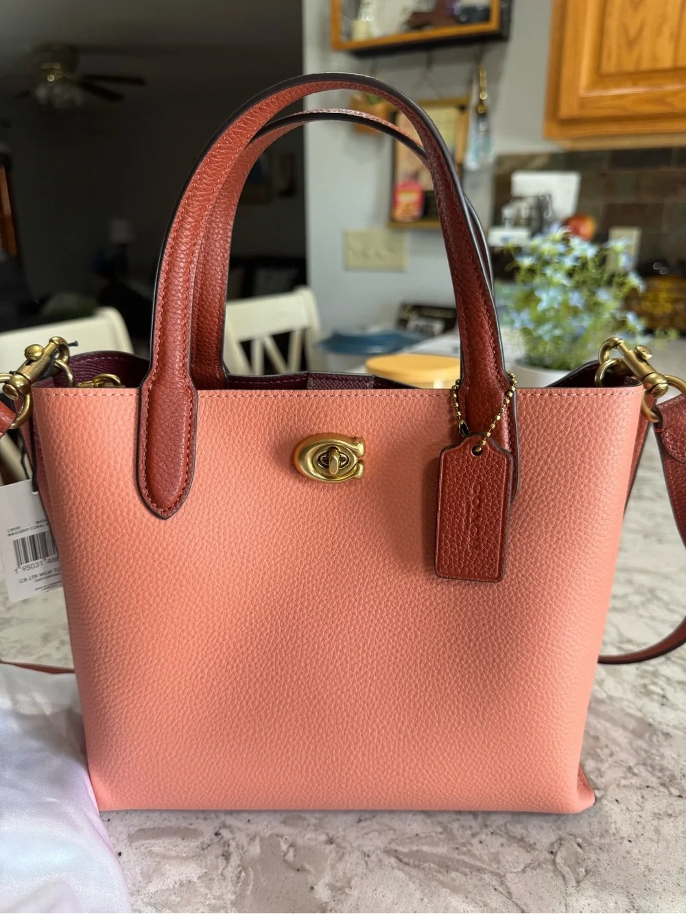 Coach Willow 24 Coral Leather Tote with Brown Trim