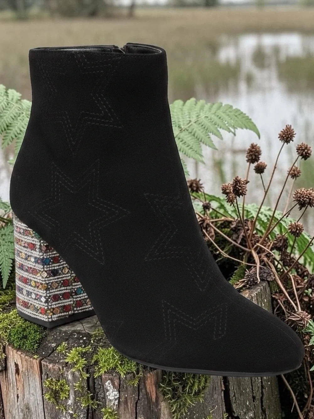 Betsey Johnson Black Star Embroidered Ankle Boots with Beaded Block Heel