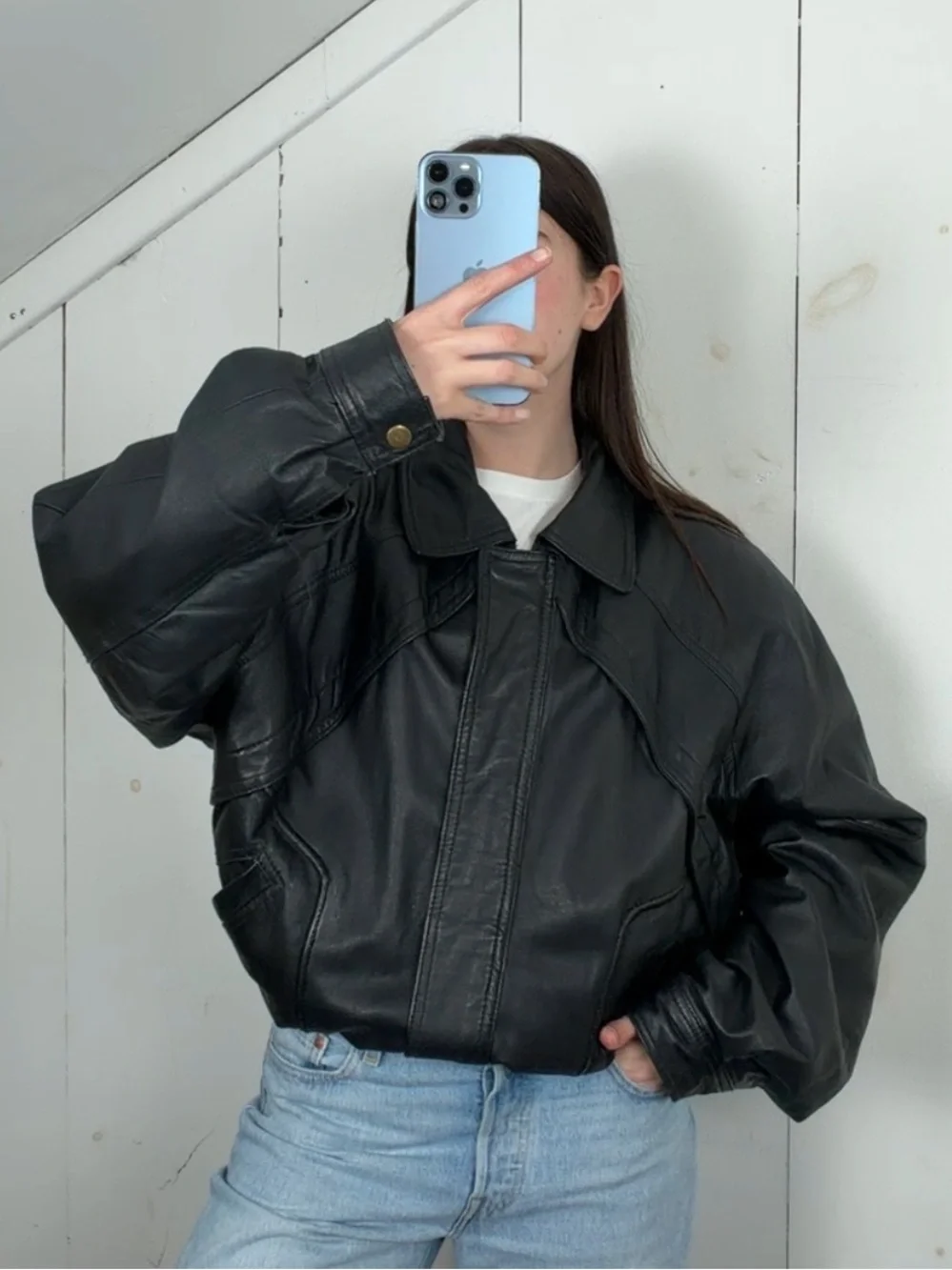Vintage J.T. Black Genuine Leather Bomber Jacket Men’s Size Large Full Zip 90s