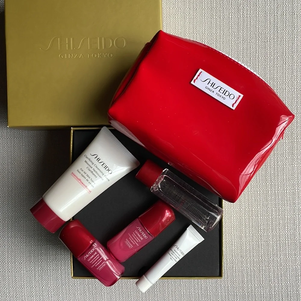 Shiseido travel sized products with makeup pouch and gift box