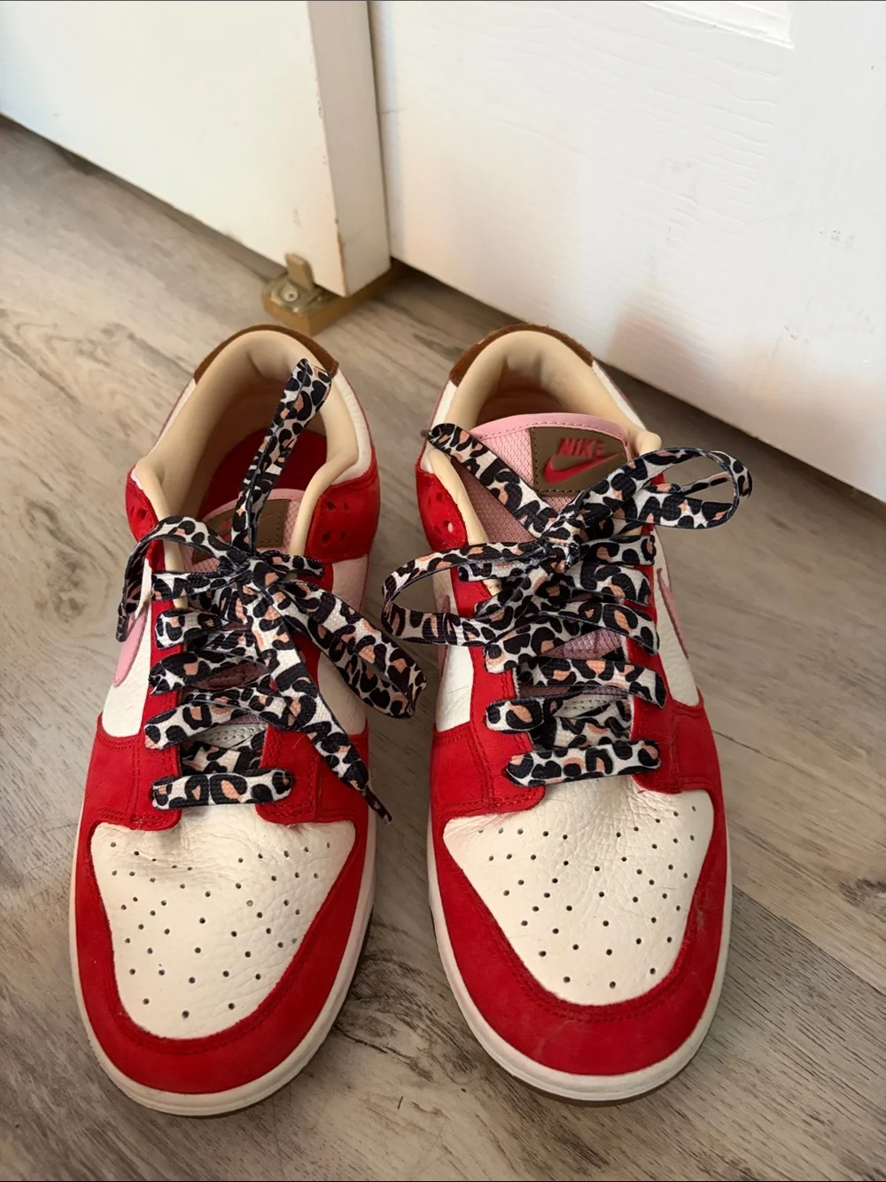 Nike Red, White and Pink Low-Top Sneakers with Leopard Laces