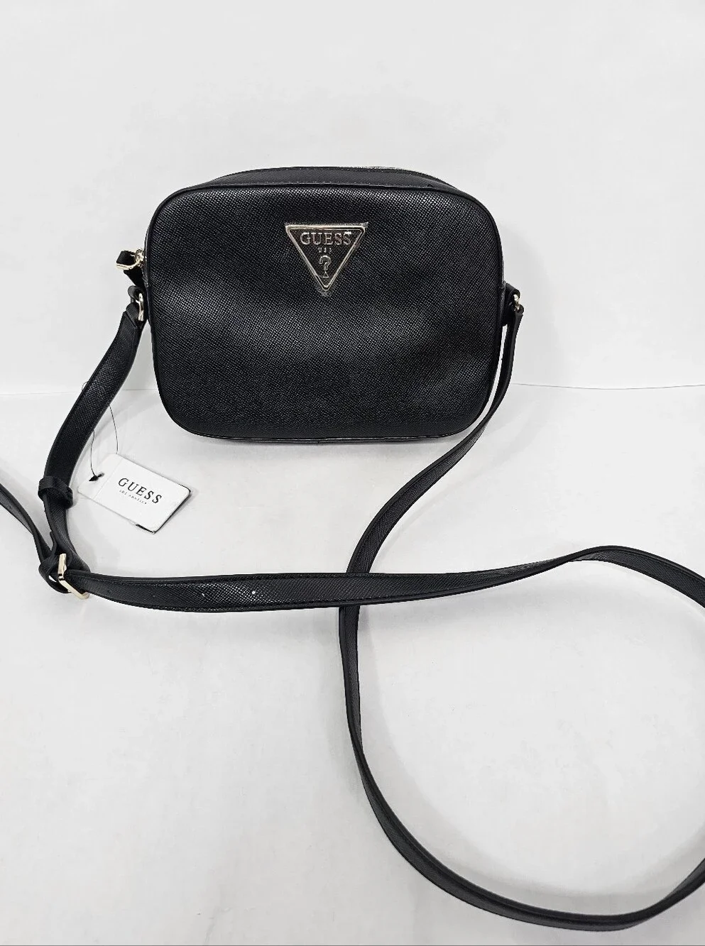 GUESS Black Carys Saffiano Camera Crossbody Bag Faux Vegan Leather NEW