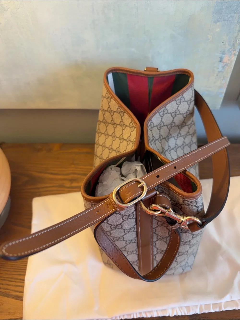 Gucci Beige GG Supreme Canvas Shoulder Bag with Brown Leather Trim