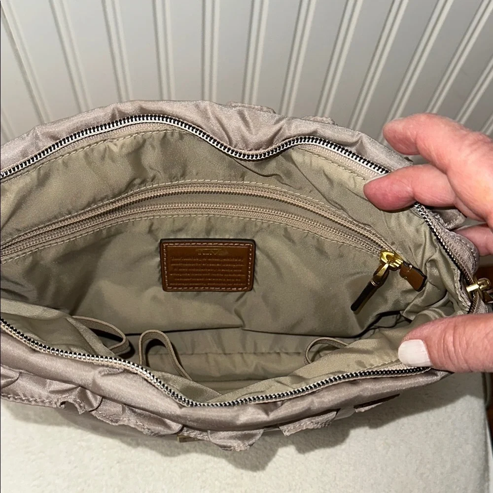 Tumi Enna Large ruffled Travel Pouch Taupe Cosmetics Bag