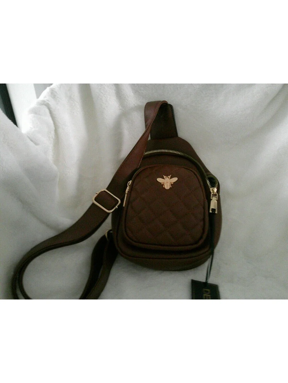 Brown Quilted Crossbody Bag with Bee Accent