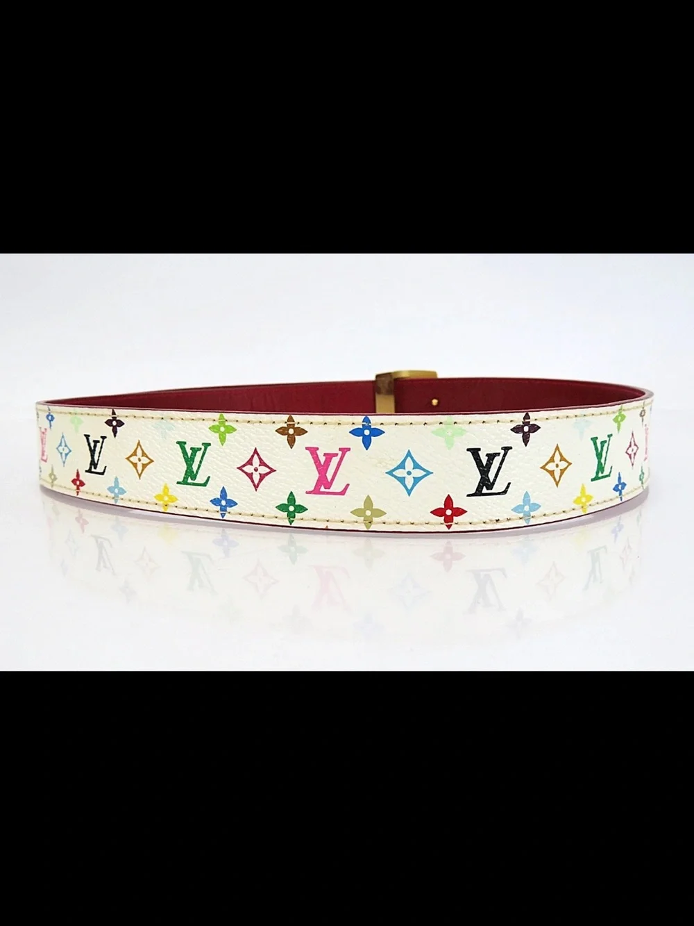 Louis Vuitton White Multicolor Monogram Belt with Gold LV Buckle