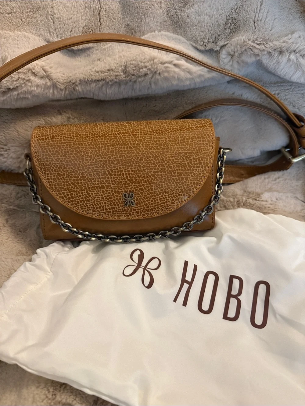 HOBO Cognac Textured Leather Belt Bag with Chain Accent