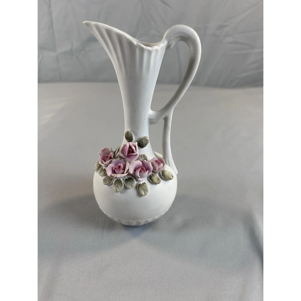 Vintage Porcelain Pitcher Vase Pink‎ Roses Floral Ewer White Ceramic 7