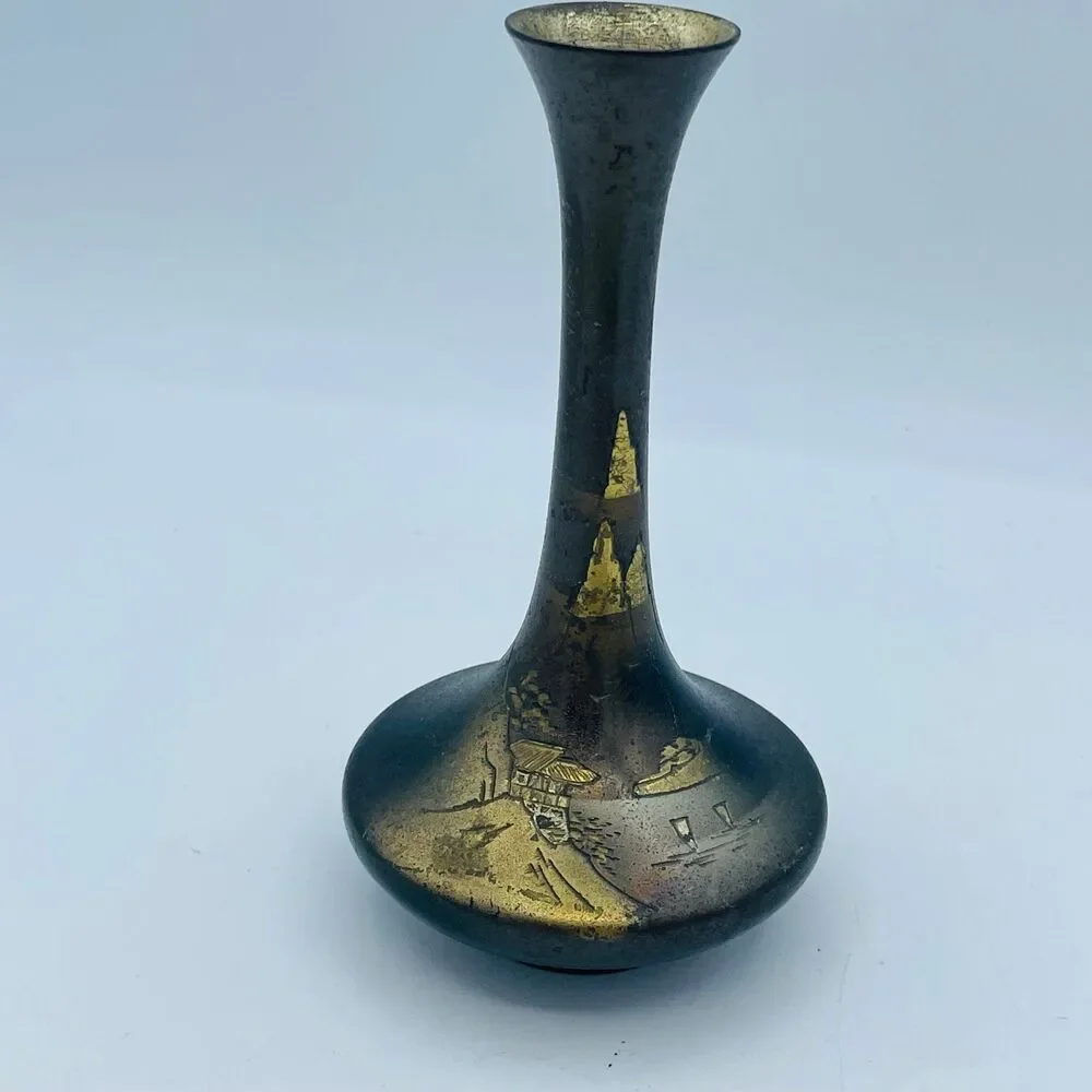 Vintage Japanese Bronze Ikebana Flower Vase Heavy Cast Metal Footed Vessel MCM