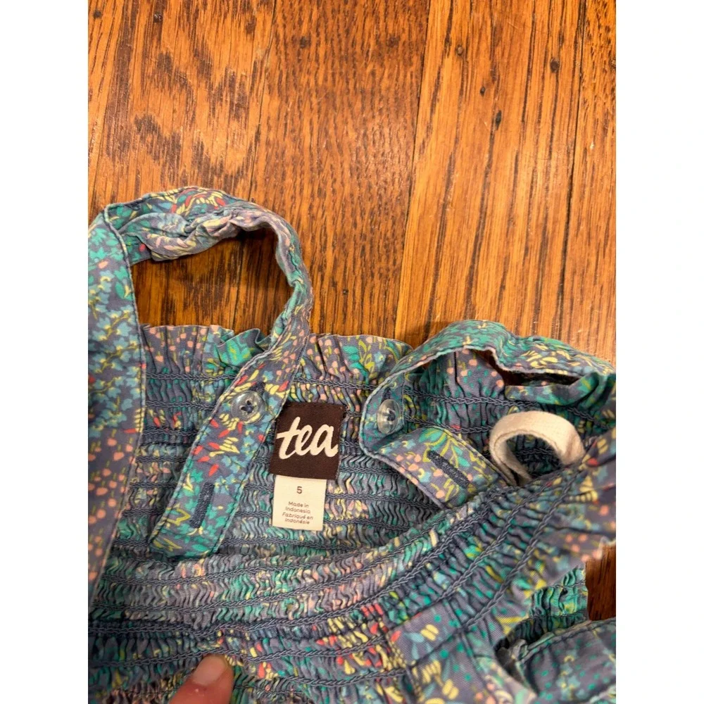 Tea Collection Girls Teal Floral Smocked Tiered Midi Dress Ruffle Straps Size 5