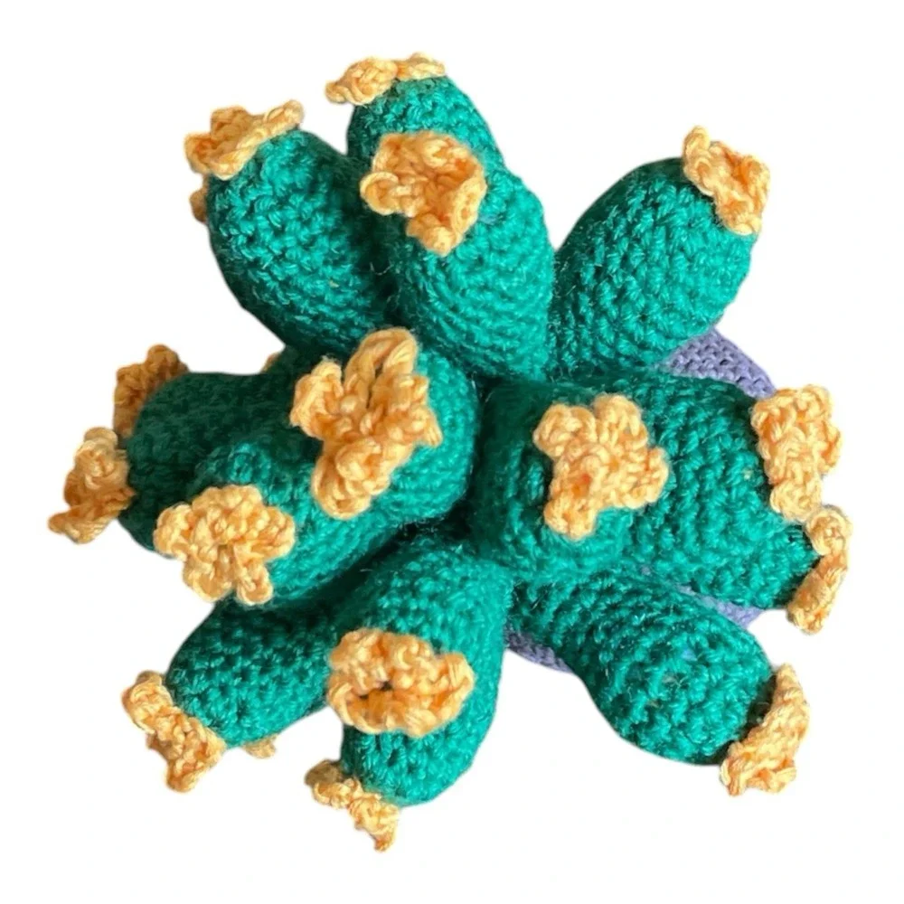 Handmade Blooming Cactus Crochet Succulent with Orange Flowers Desk Decor