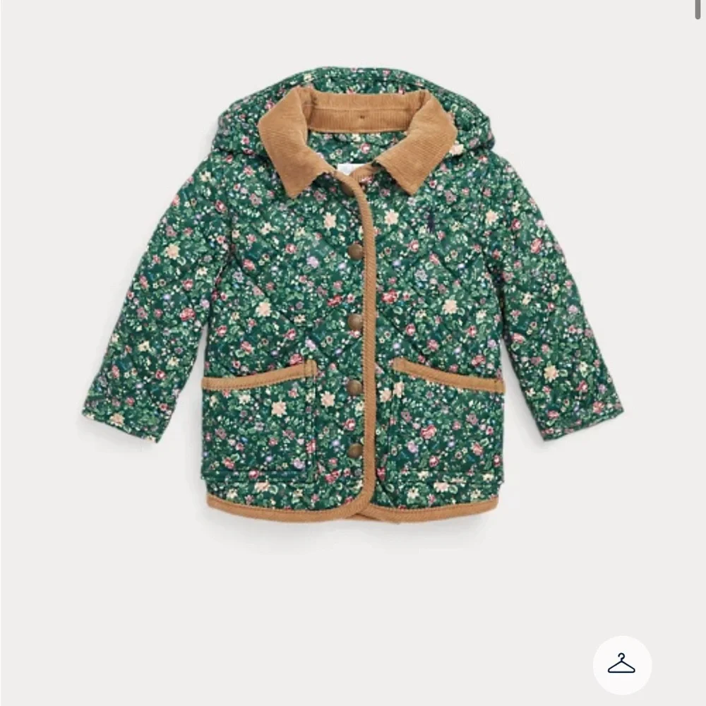 Ralph Lauren Green Floral Quilted Hooded Jacket with Tan Trim
