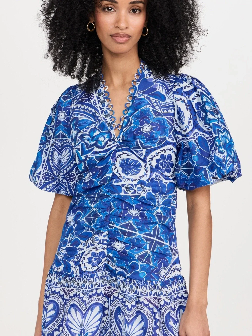 Farm Rio Blue Printed Puff-Sleeve Wrap Top
