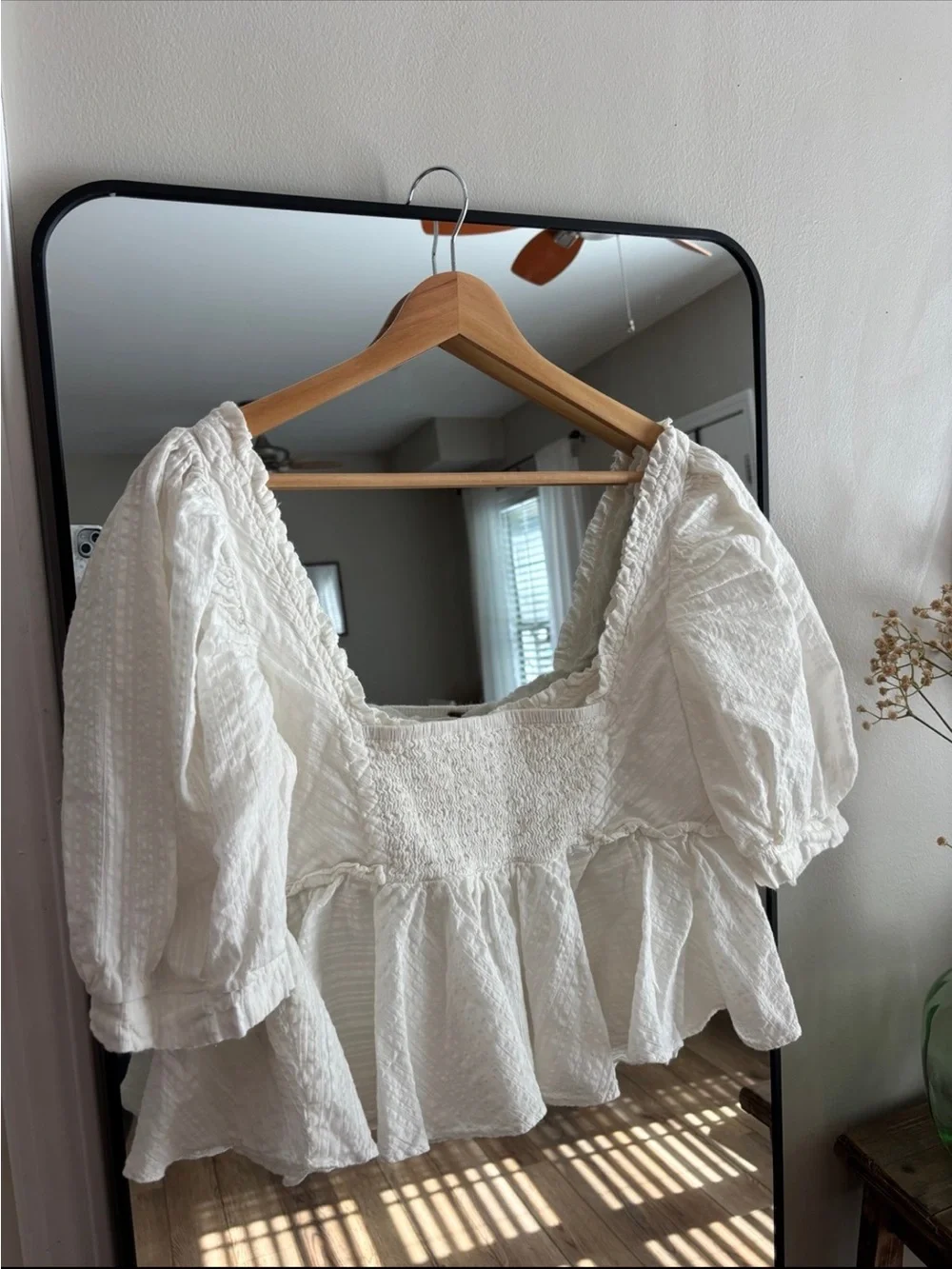 Free People White Peplum Puff Sleeve Square-Neck Blouse with Button Front