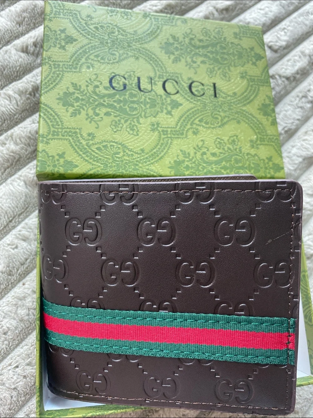 Source Unknown Brown Bifold Men's  Wallet. Green-Red Web Stripe