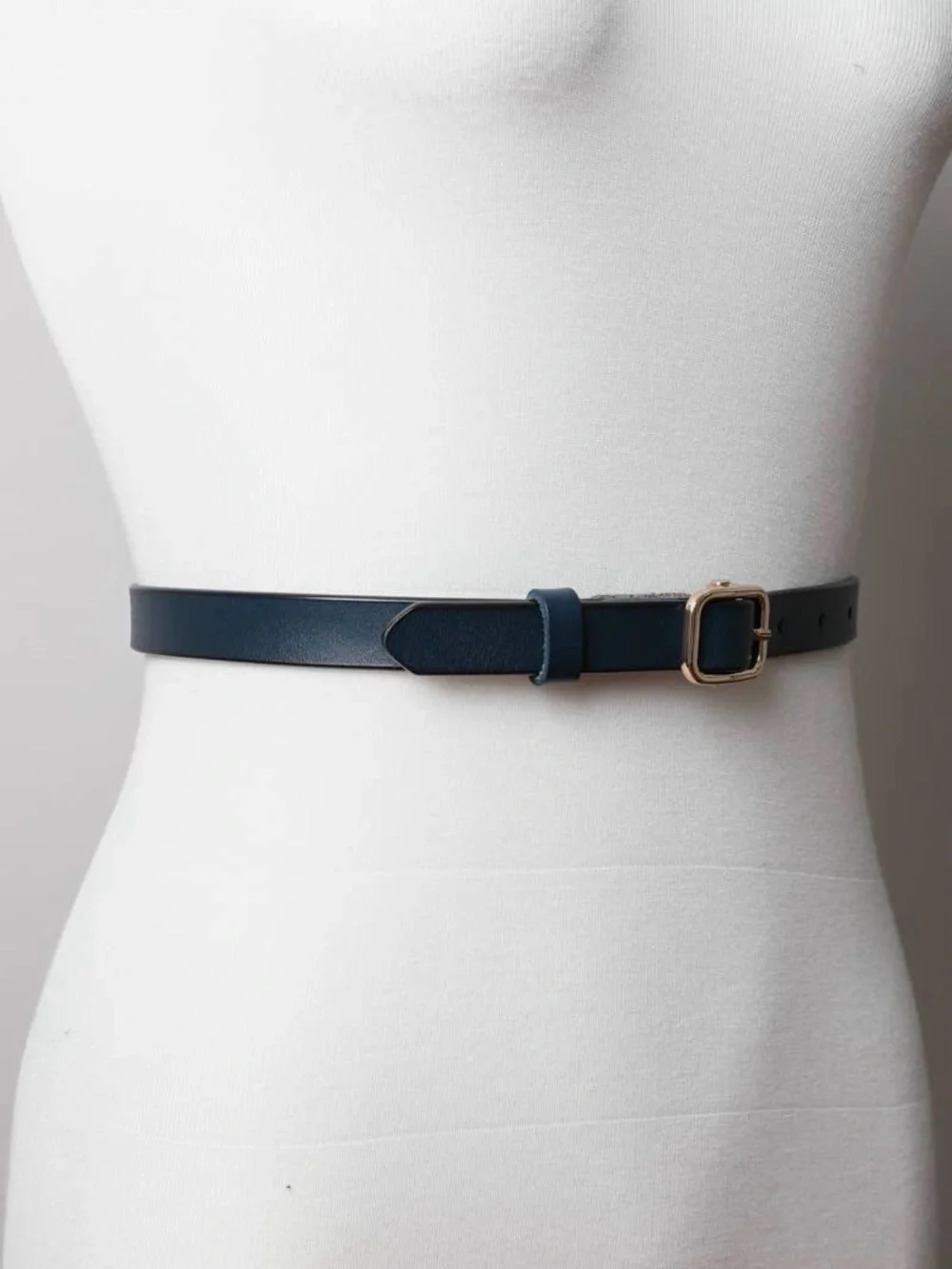 Women’s Slim Navy Leather Belt with Gold Buckle