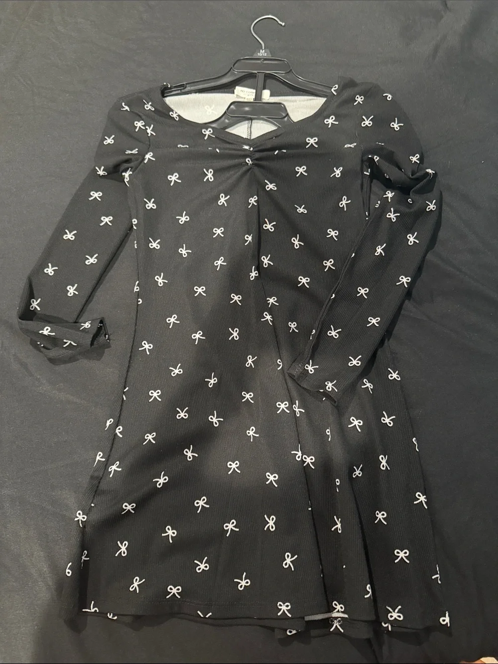 Black Bow Print Long Sleeve Dress