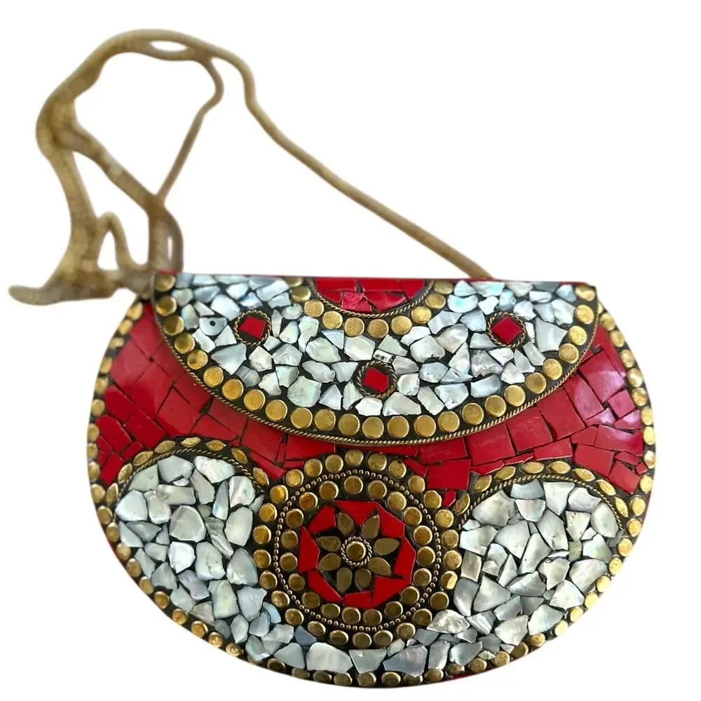 Red White & Brass Pearlescent Mosaic Mini Crossbody Purse Western Boho Indian