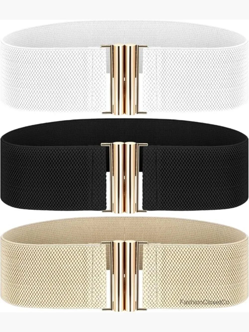 Wide Elastic Stretch Belt Set with Golden Buckle - 3 Pack