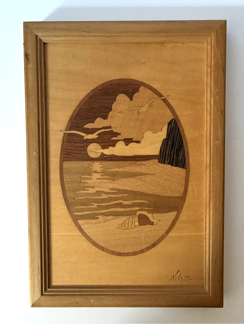 Jeff Nelson Signed Hudson River Inlay Seascape Wood Marquetry Framed Art