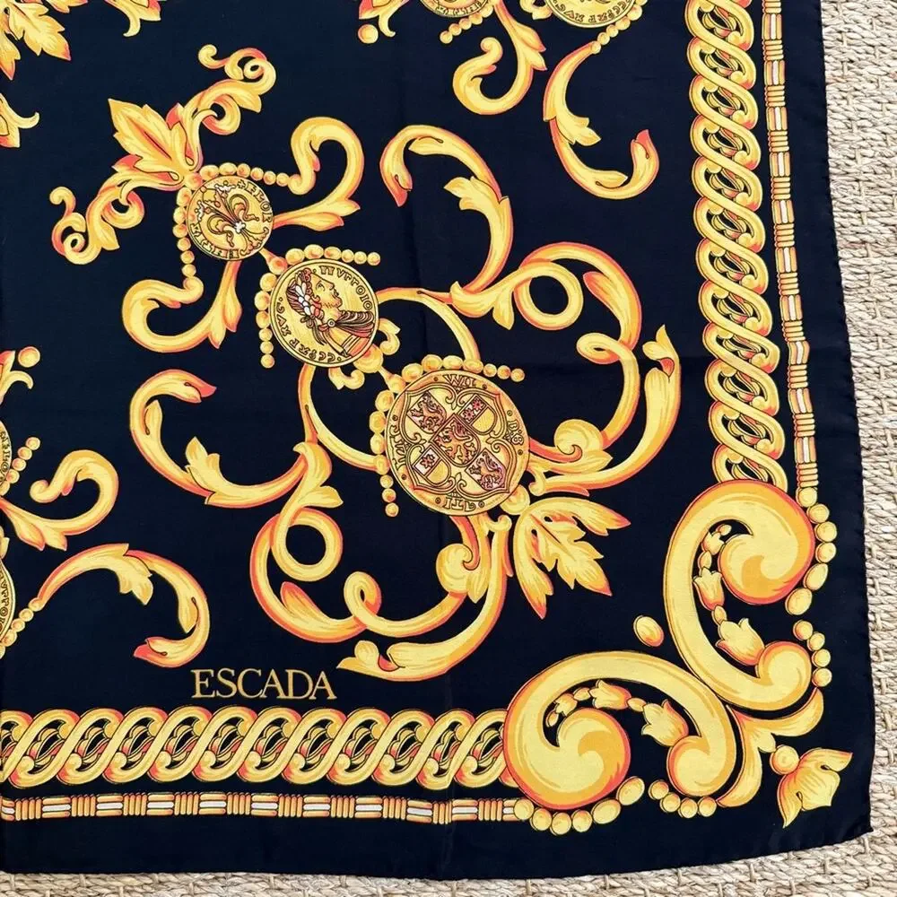 Escada Baroque Gold Black Silk Scarf 34”x35”