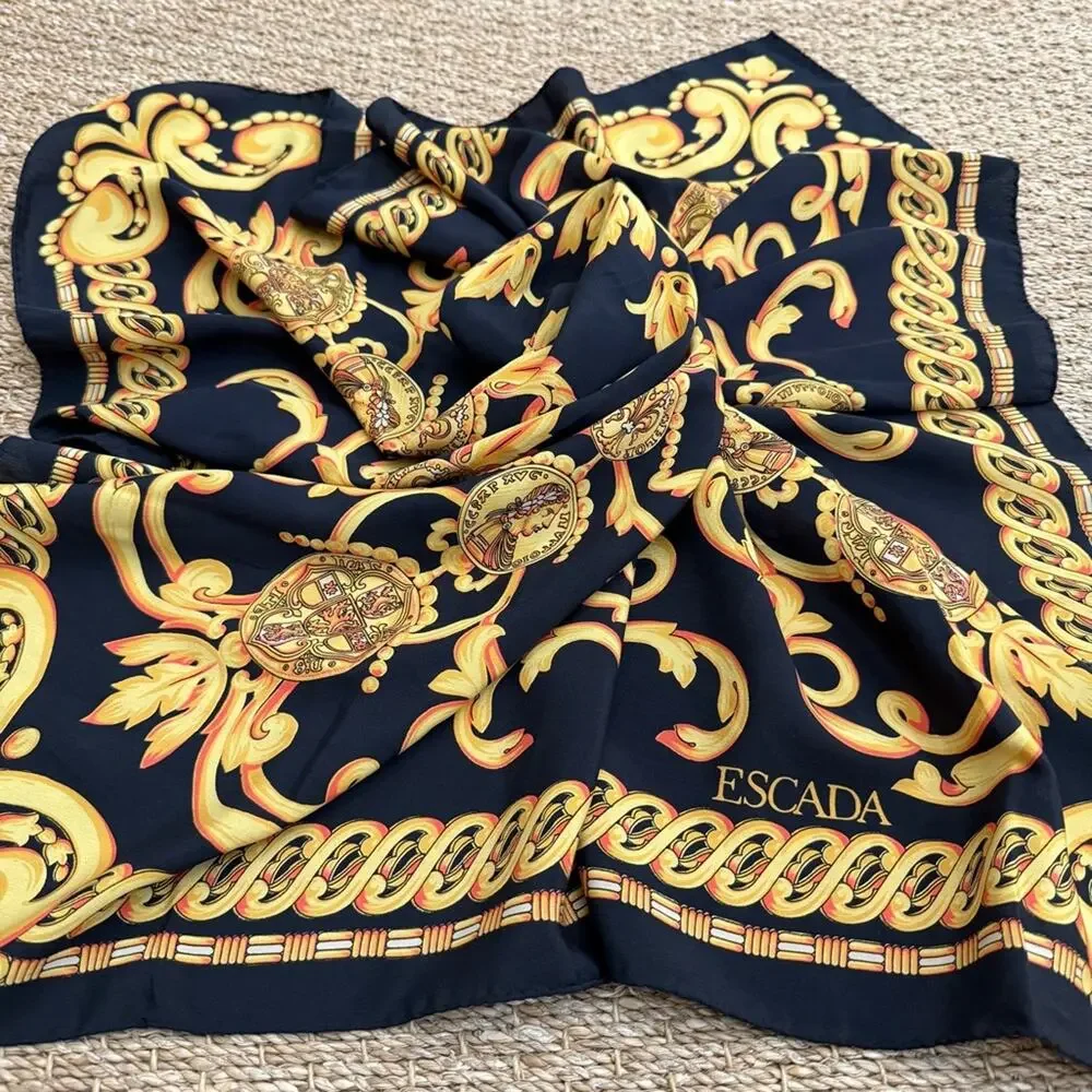 Escada Baroque Gold Black Silk Scarf 34”x35”