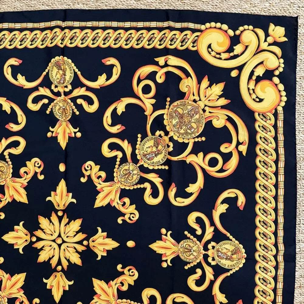 Escada Baroque Gold Black Silk Scarf 34”x35”