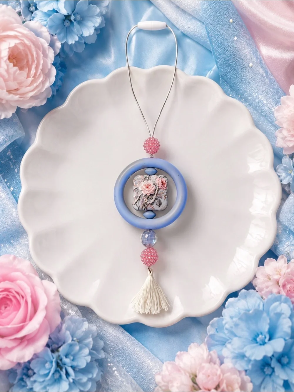 Hand Crafted Pink & Blue Floral Car Charm