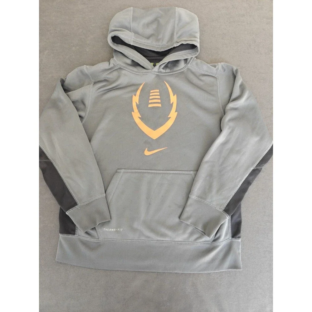 Nike Therma Fit Football Hoodie Youth Boys Large Gray Orange Fleece Pullover