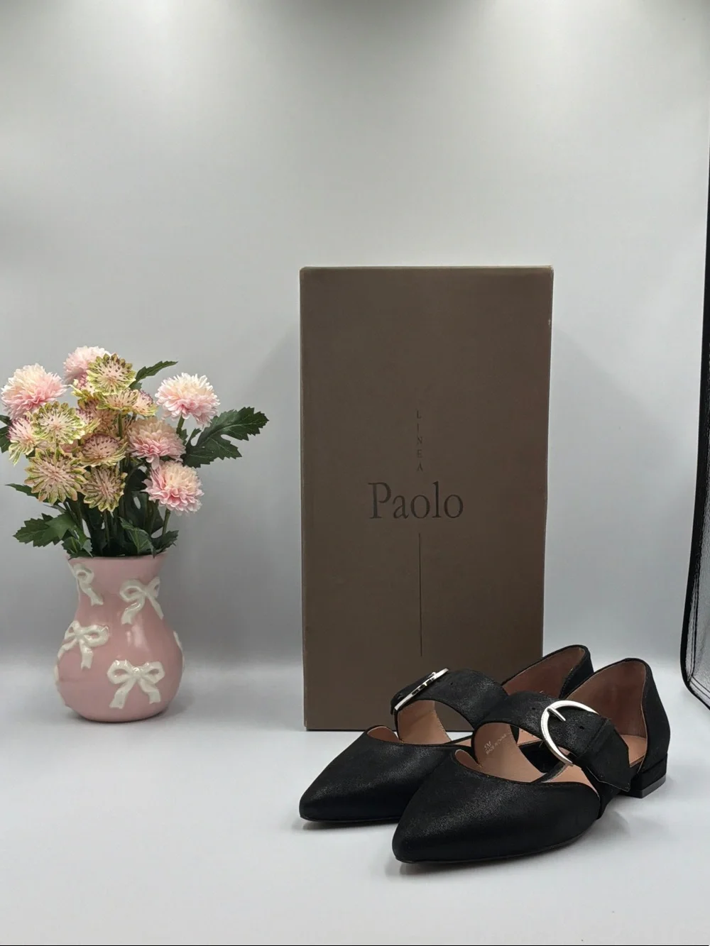 Paolo Black Pointed Flats with Silver Buckle