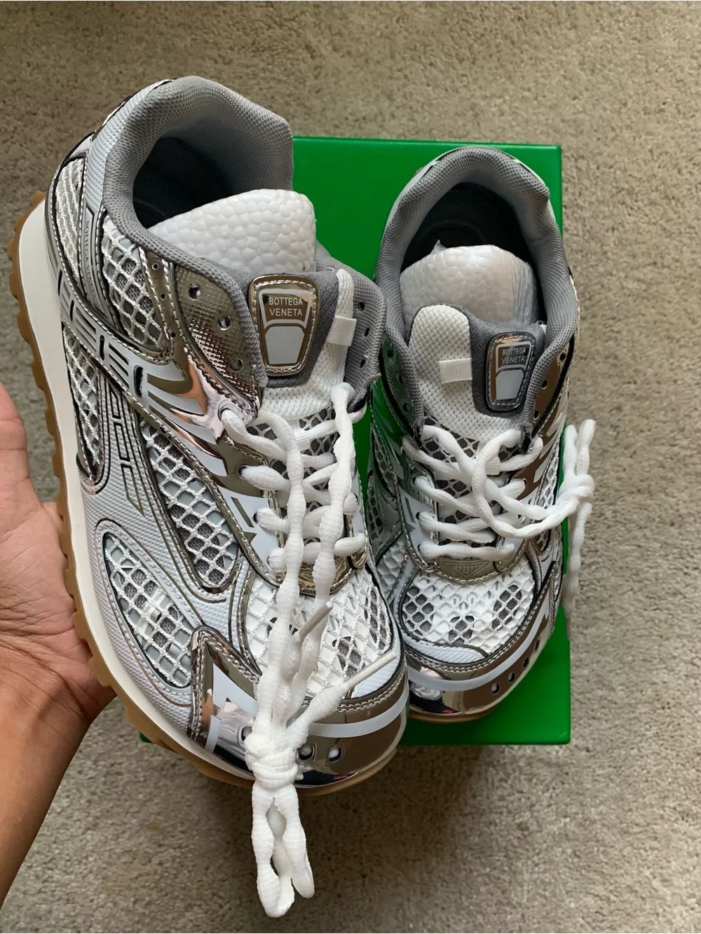 Bottega Veneta White & Silver Mesh Trail Sneakers