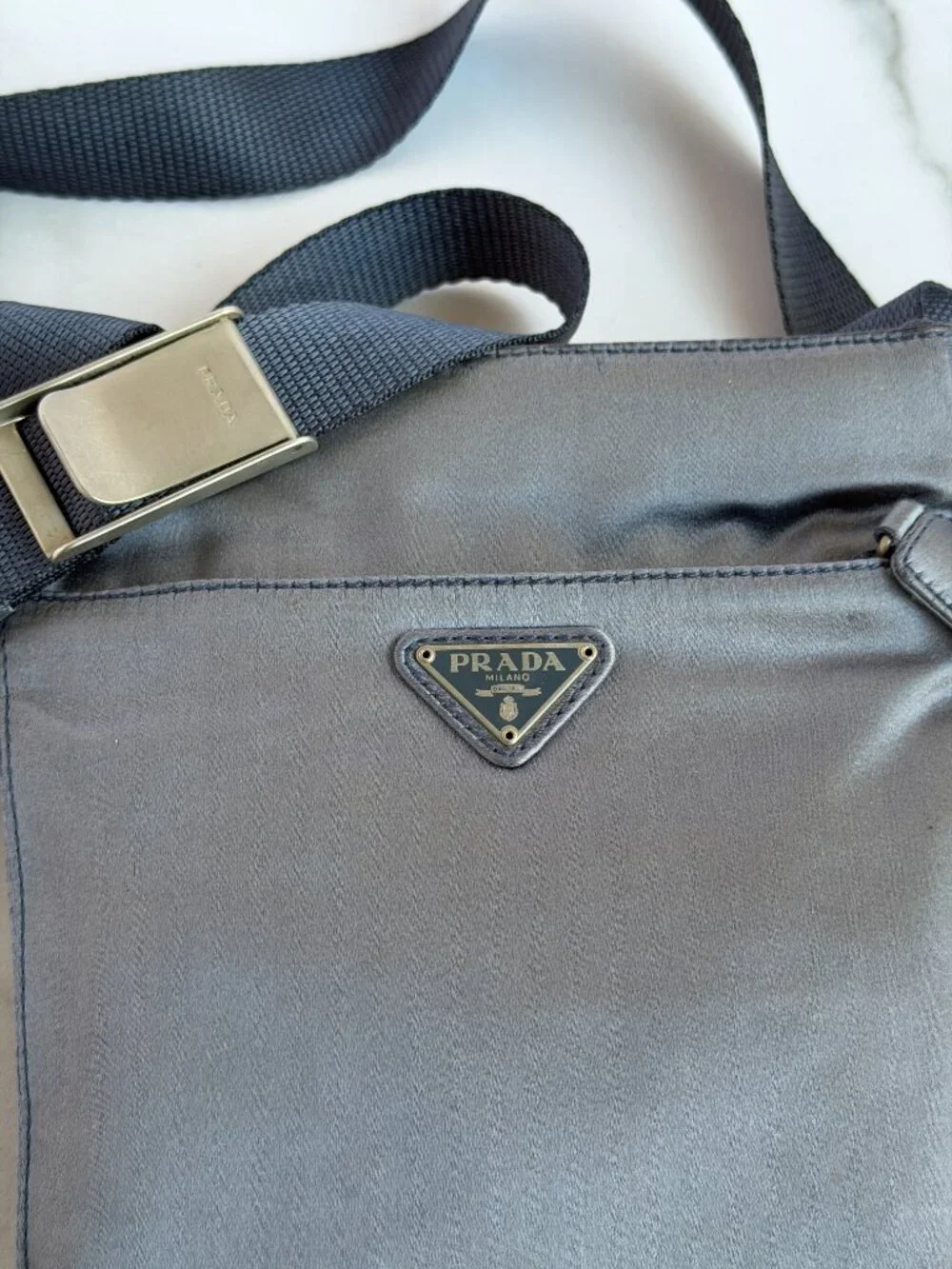 Prada Crossbody Messenger Shoulder Bag Milano Gray Satin Nylon AUTHENTIC