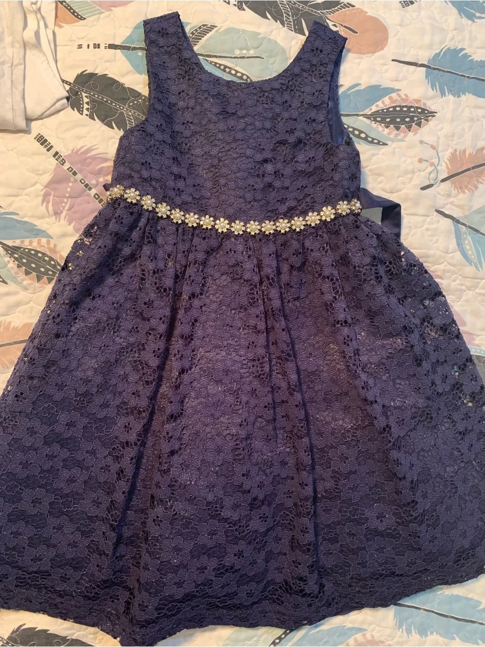 American Princess Navy Lace Dress with Pearl Floral Beading
