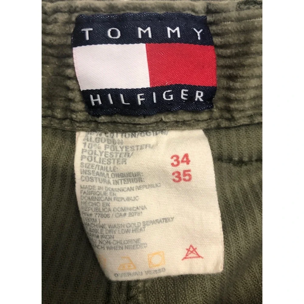 Tommy Hilfiger Mens Olive Green Corduroy Pleated Cuffed Pants 34x35 Vintage
