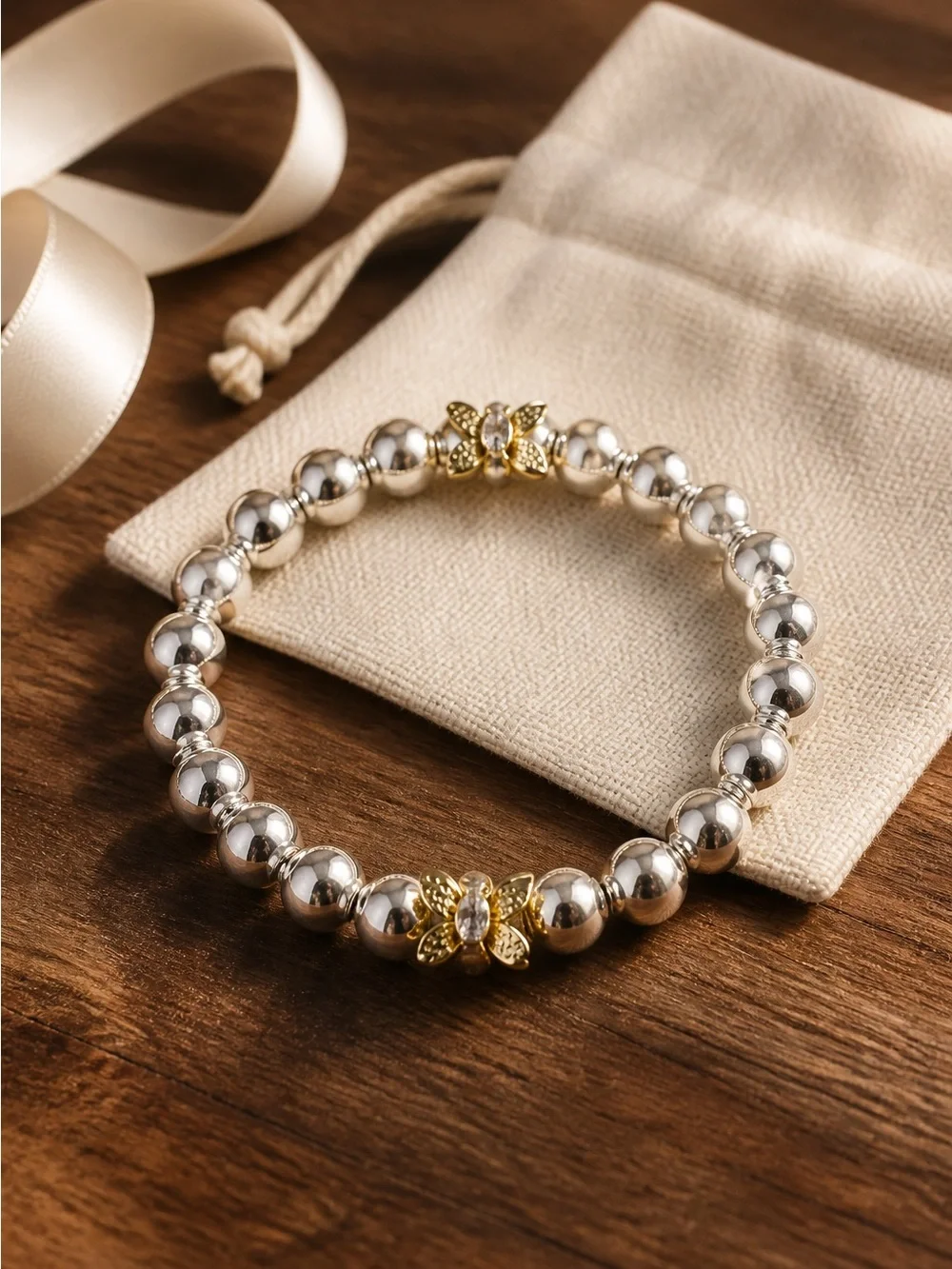 Silver Beaded Bracelet with Gold crystal Accents