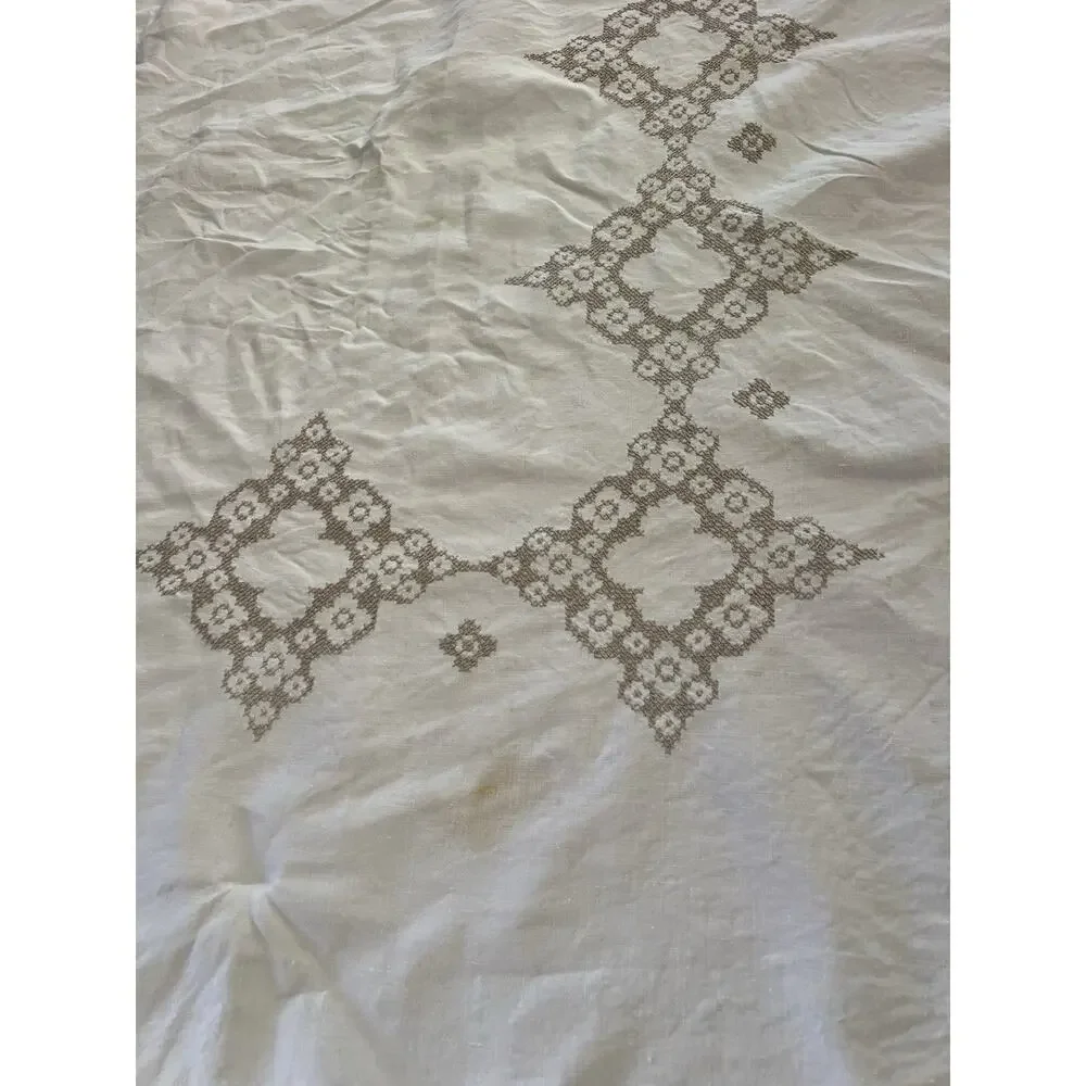 Vintage White Embroidered Cross Stitch 100% Linen Tablecloth 76x64 - Read Flawed