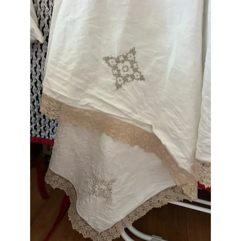 Vintage White Embroidered Cross Stitch 100% Linen Tablecloth 76x64 - Read Flawed
