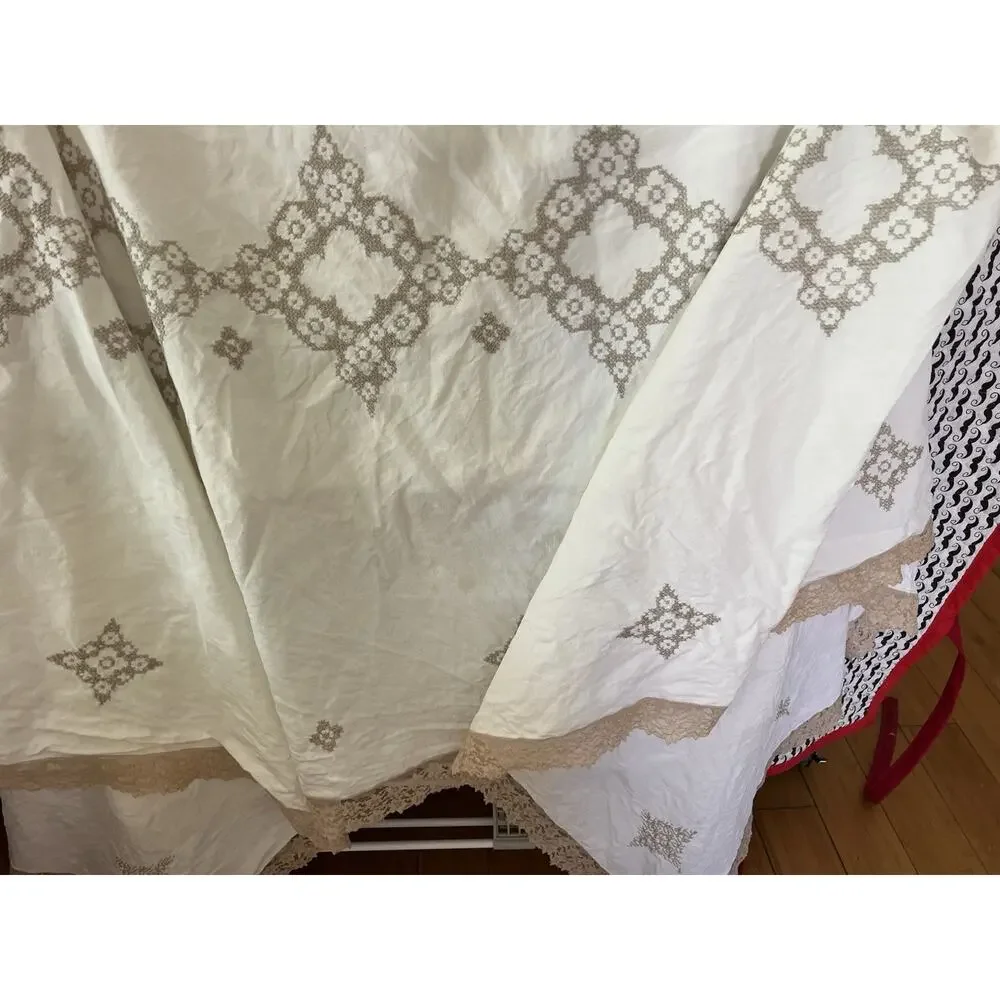 Vintage White Embroidered Cross Stitch 100% Linen Tablecloth 76x64 - Read Flawed
