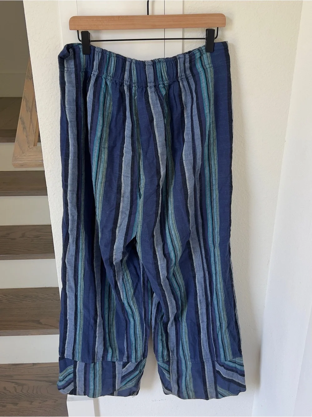Free People Day's End Linen Striped Pull-On Pants in Blue NWT
